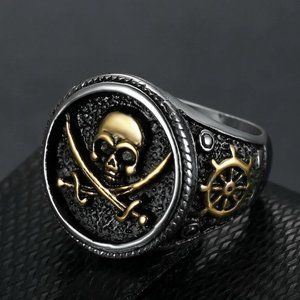 New Gothic Mens Stainless Steel Gold Plated Biker Pirate Skull Ring Size 6-15